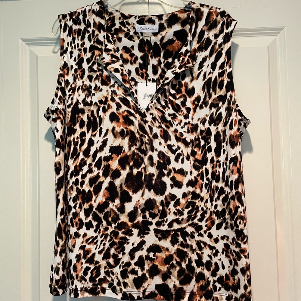 Calvin Klein Brown Black Ruffled Sleeveless Blouse